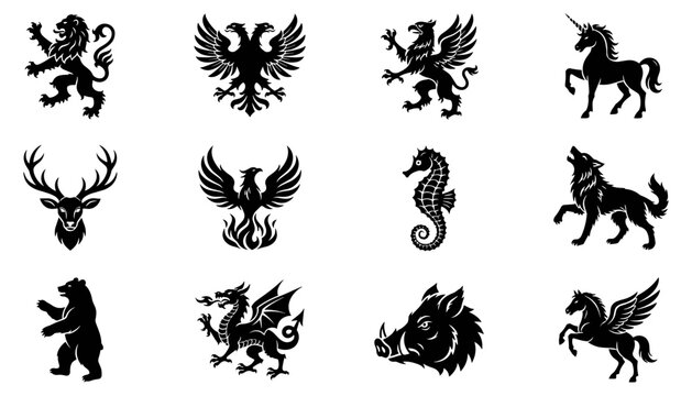 Set of heraldic animals and mythical creatures silhouettes