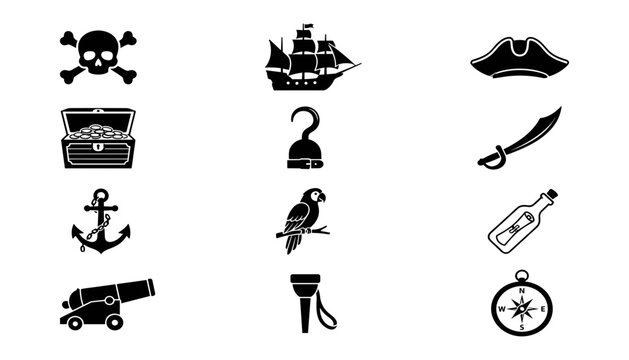 Set of pirate icons, including skull and crossbones, ship, hat, treasure chest, hook, sword, anchor, parrot, message in a bottle