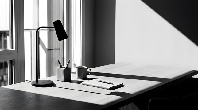 Minimalist black and white home office desk with desk lamp, notebook, mug, and stationery under harsh sunlight with high contrast shadows