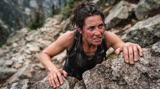 A determined female athlete with a grit face struggles on a steep, rocky mountain trail, pushing her physical and mental limits in an extreme endurance challenge.