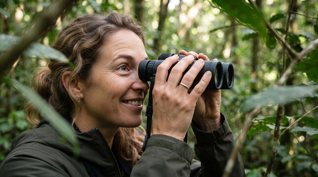 A woman wearing a green jacket looks through binoculars in a lush forest, her face lit with curiosity and wonder as she observes the natural surroundings.