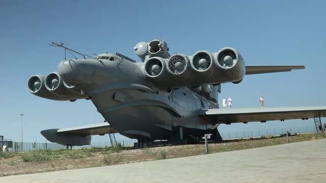 August 8, 2020, Derbent, Russia. Project 903 Lun ekranoplan missile ship. A large airplane sitting on the runway, ready for takeoff