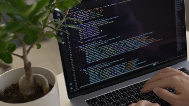 Hands type on laptop keyboard with dark code screen and ficus plant in side view. Vibe coding home office session and focused developer work concept.