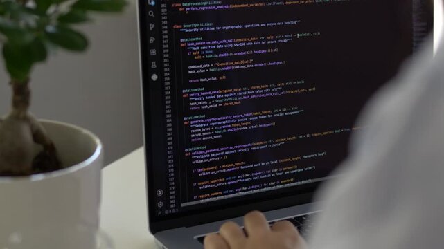 Laptop screen showing programming code while developer works with keyboard. Software engineering, coding productivity and independent development concept.