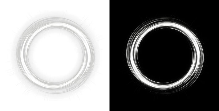 Minimalist glowing circle frames in black and white, abstract light ring elements for modern graphic design, sleek circular motion blur effects isolated PNG with Transparent Background