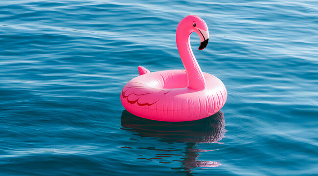 A bright pink flamingo-shaped inflatable pool float is floating peacefully on calm blue water