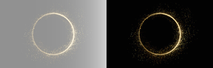 Abstract glowing warm gold dust ring on transparent grey black background, particle circle overlay. Minimalist dark bronze powder circle backdrop, elegant product display frame template PNG © Creative Lab