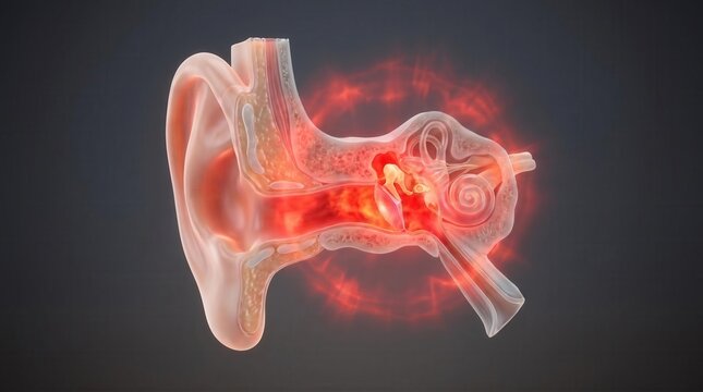 Human inner ear cross section showing glowing inflammation and earache 3d illustration