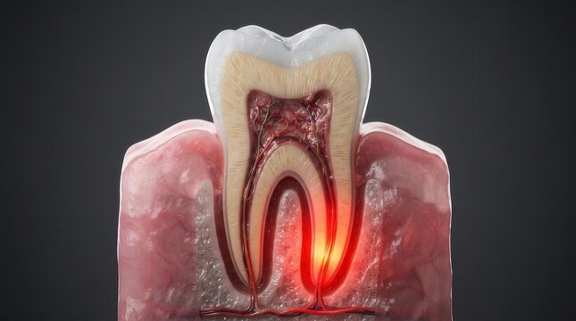 Human tooth cross section showing inflamed root and toothache 3d illustration