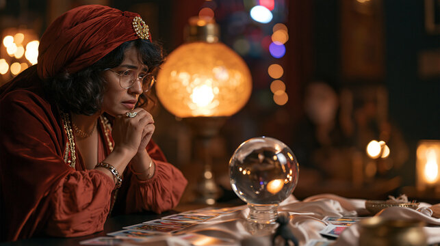 Fortune teller in a velvet-draped reading room illuminated by warm amber lamplight, tarot cards and a crystal sphere arranged on a silk cloth, before-and-after transformation