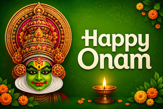 Decorative kathakali face art with a glowing brass lamp and flowers wishing viewers happy onam during this south indian festival in kerala