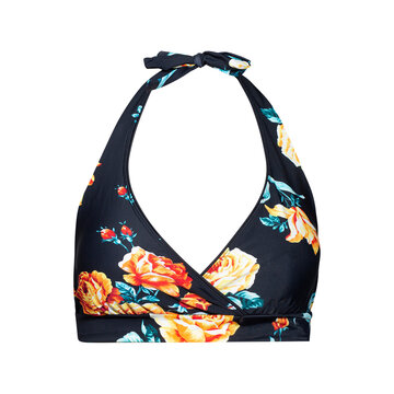 Black Halter Neck Bikini Top with Yellow Floral Pattern Isolated