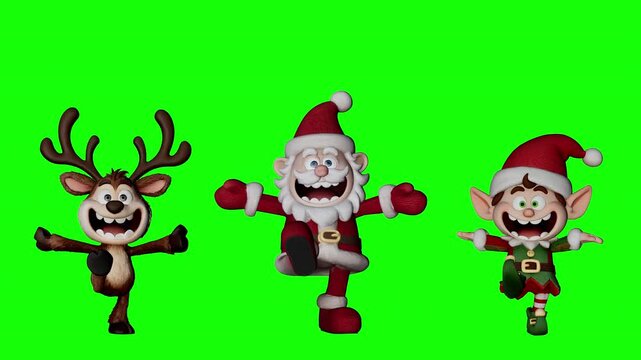 Funny crazy 3D cartoon Santa Claus reindeer and elf dancing together on green screen chroma key. Christmas holiday characters animation compositing overlay. Alpha channel. 3d rendering animation.