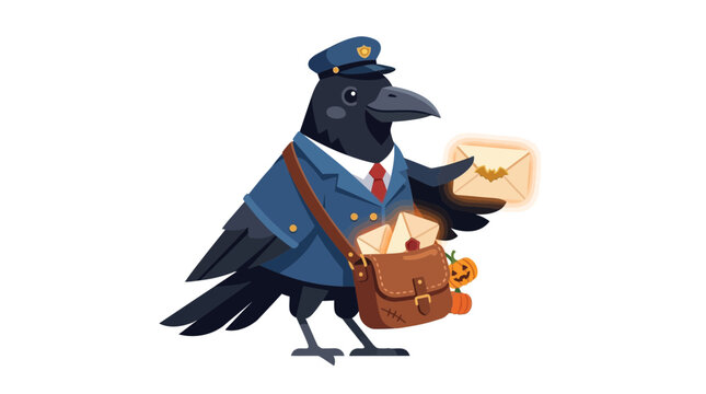 Cute Crow Mailman Character Delivering Spooky Halloween Letters