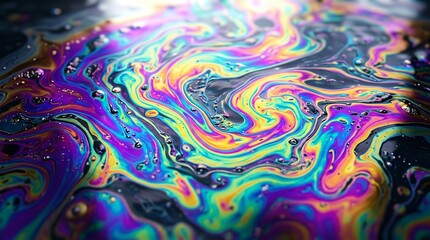 Obraz premium Rainbow Oil Slick Abstract: Mesmerizing swirls of iridescent color create a stunning abstract pattern, resembling a rainbow oil slick on water, full of vibrant hues and dynamic movement.
