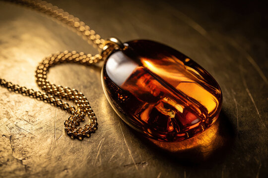 Large polished amber pendant with gold chain rests on textured metallic surface. Warm glow reflects deep within gemstone, showing intricate golden engravings. Elegant accessory for special occasions.
