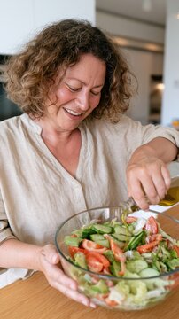 Smiling woman preparing fresh vegetable salad with olive oil at home in kitchen