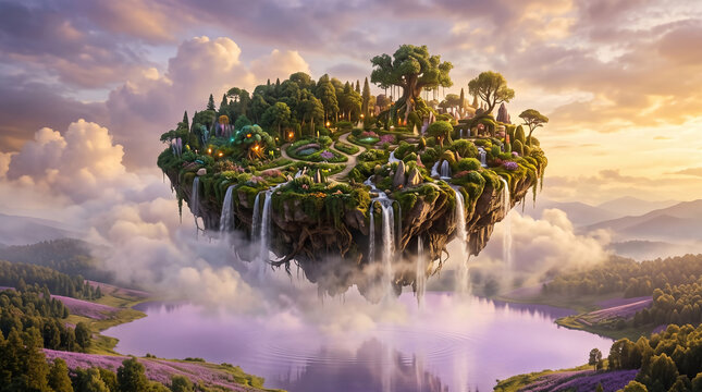 Fantasy floating island with waterfalls and lush gardens hovering over a misty violet lake at sunset
