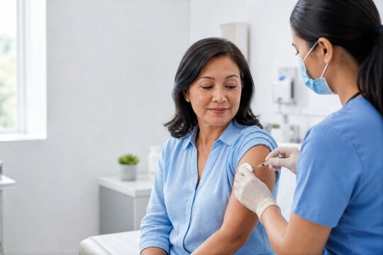 Female patient receiving vaccination from nurse in a bright clinic