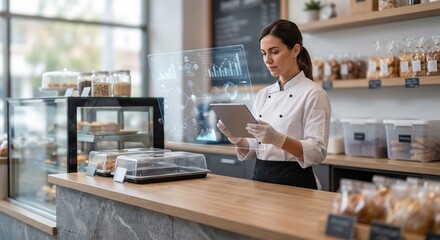 Fototapeta premium Small Business Owner Using AI for Bakery Inventory and Production Planning