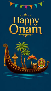 Creative illustration featuring a decorated boat palm trees and golden lamp gracefully wishing viewers happy onam a south indian festival in kerala