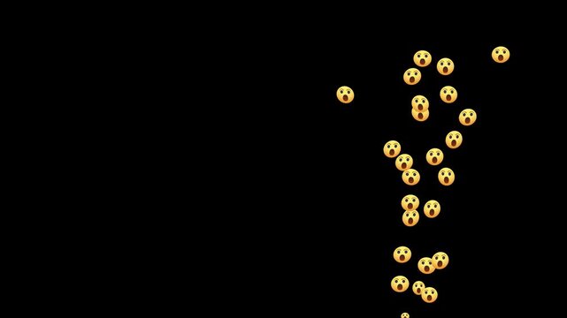 Floating animation of a wow emoji icon for social media, isolated on a black background.  steady rising stream of wow reaction emojis on Social media platforms .surprise Facebook live style