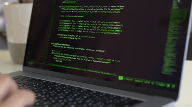 Close view of terminal interface with developer hands near keyboard. AI assisted coding, vibe coding, command line workflow and technical software development concept. 