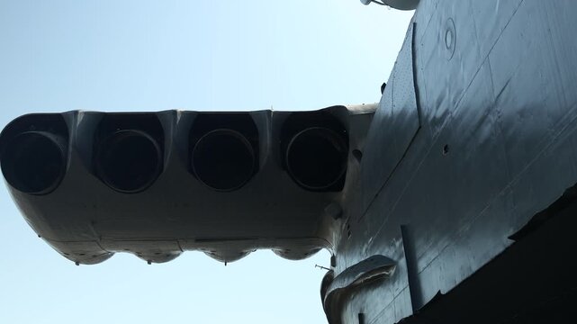 August 8, 2020, Derbent, Russia. Project 903 Lun ekranoplan missile ship. A city street scene with a traffic light installed on the side of a building