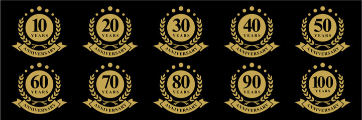 Fototapeta premium Set collection of number 10 to 100 anniversary logo design. Creative number for event celebration wedding greeting. Elegant luxury anniversary logotype concept