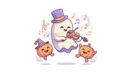 Naklejka premium Cute cartoon ghost playing violin with dancing pumpkins