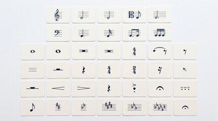 Naklejka premium Musical Notation Collection: A grid of cards displaying various musical notes, rests, and symbols, offering a visual guide to the language of music.