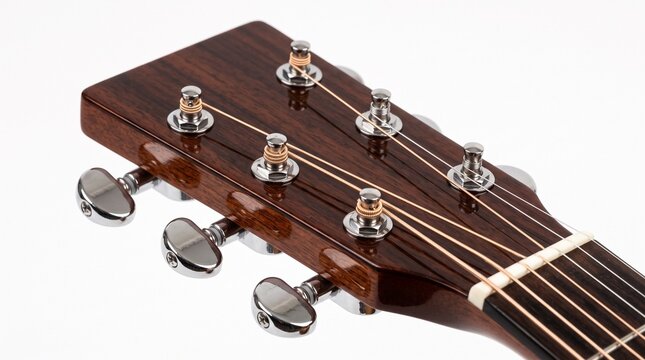 Acoustic Guitar Headstock: Detailed close-up of an acoustic guitar's wooden headstock, showcasing its tuning pegs and strings.