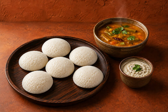 Freshly steamed white idlis served alongside hot sambar and delicious coconut chutney perfectly complementing the happy onam south indian festival in kerala