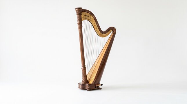 Elegant Harp on Stand: A finely crafted wooden harp, detailed with intricate patterns, stands poised to create beautiful music.