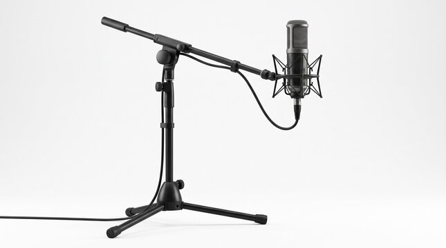 Studio Microphone Setup: A professional condenser microphone, mounted on an adjustable stand with a pop filter, is ready for recording in a studio environment.