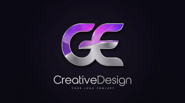 A modern monogram logo featuring interconnected metallic letters G and E with vibrant purple polygonal crystal accents on a dark background.