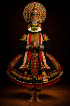 Beautiful traditional kathakali dancer standing gracefully to celebrate the happy onam harvest holiday representing a vibrant south indian festival in kerala culture