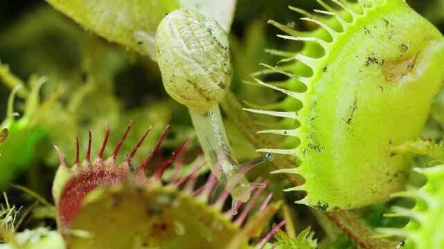 Macro view of Venus flytrap closing its jaws on a tiny insect prey
