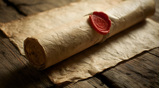 An ancient, wooden table, sealed with red wax, upon which scrolls of rolled parchment lay