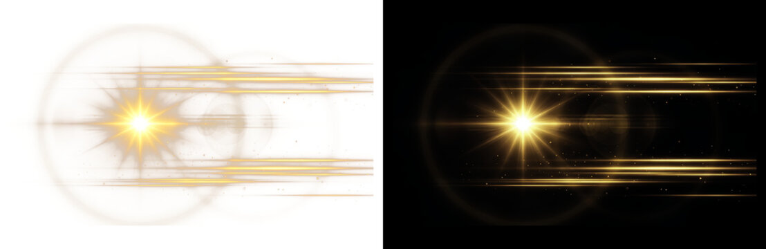 Golden lens flare with anamorphic light streaks, cinematic sun starburst effect, glowing yellow optical sparkle for professional photo editing isolated PNG with Transparent Background