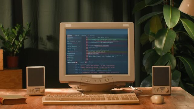 Retro pc with loading code console, programmer making scripts, green basic screen, Old computer studio close-up, Desktop vintage retro wave display, late 90s PC.