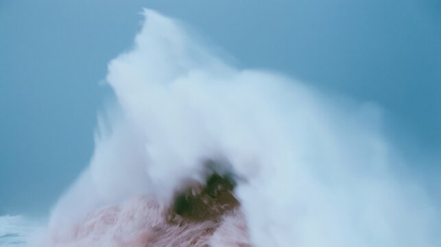 Towering ocean wave crashing with fuchsia pink surf and white foam during a fierce sea storm, violent turbulent weather with a misty foggy atmosphere for nature and climate concepts