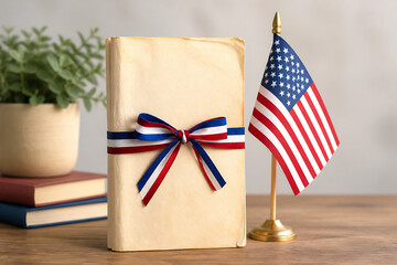 Fototapeta premium A wrapped gift with a bow and an American flag stand are displayed on a wooden table next to a potted plant.