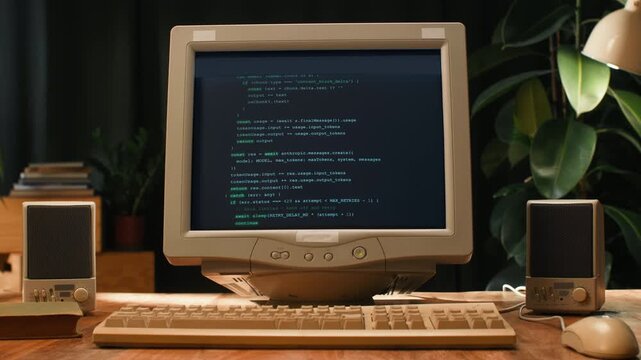 Retro pc with loading code console, programmer making scripts, green basic screen, Old computer studio close-up, Desktop vintage retro wave display, late 90s PC.
