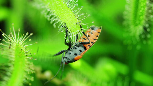 Close-up of insect trapped on a dewy carnivorous plant in lush green nature