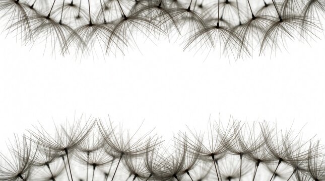 Macro view of white dandelion seeds. Fragile fluff heads frame blank space for text. Delicate botanical pattern with airy texture on white background. Spring wildflower pappus creates minimal natural