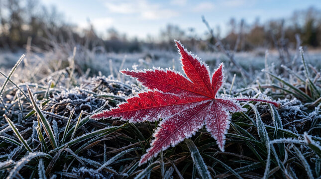 Frost-covered crimson maple leaf resting on icy grass against sunlit autumn morning landscape