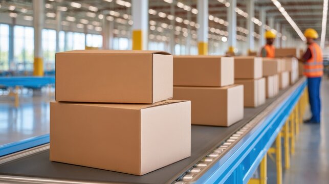 Cardboard parcels on long conveyor belt in warehouse with workers in safety vests