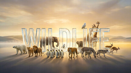 Naklejka premium Wildlife animals standing around large glass letters spelling wildlife. Conservation, nature documentary, zoo, safari.