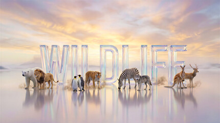 Naklejka premium Animals surrounding the word wildlife in large glass letters. Nature, conservation, education, zoo, animal kingdom.
